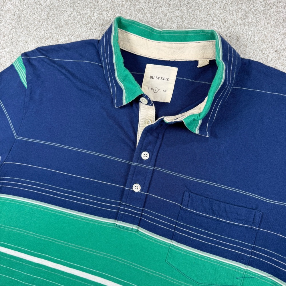 Billy Reid Polo Shirt Men Large Blue Green Striped Short Sleeve Cotton‎ Pocket